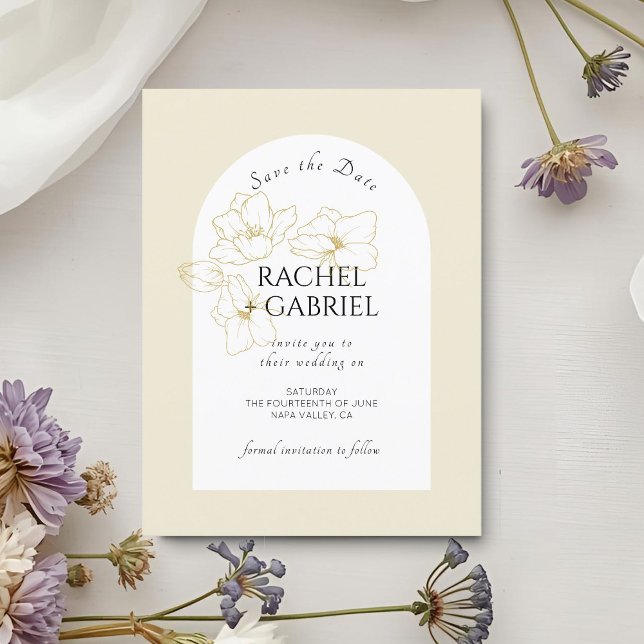 Reserve A Data Amarelo Pastel | Boho Arch Dourado Casamento Flora (Criador carregado)