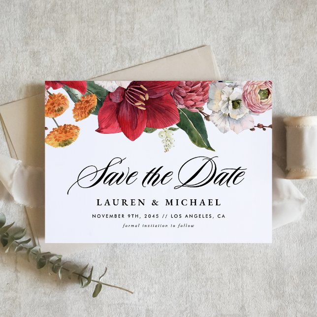 Reserve A Data Amarilis vermelhos de aquarela e flores de outono (Announce your special day with this elegant save the date card featuring romantic watercolor florals)