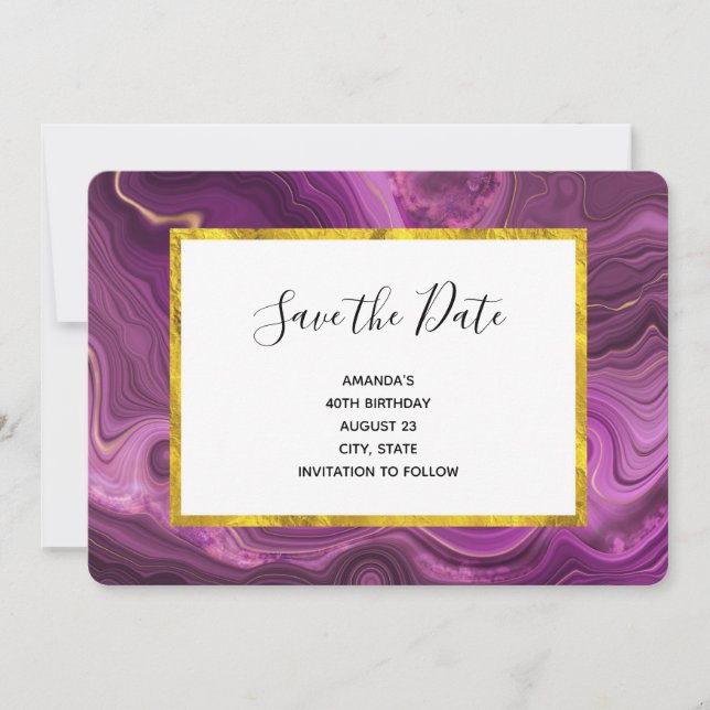 Reserve A Data Ametista Roxo E Ágato-Abstrato Dourado Aniversário (Frente)