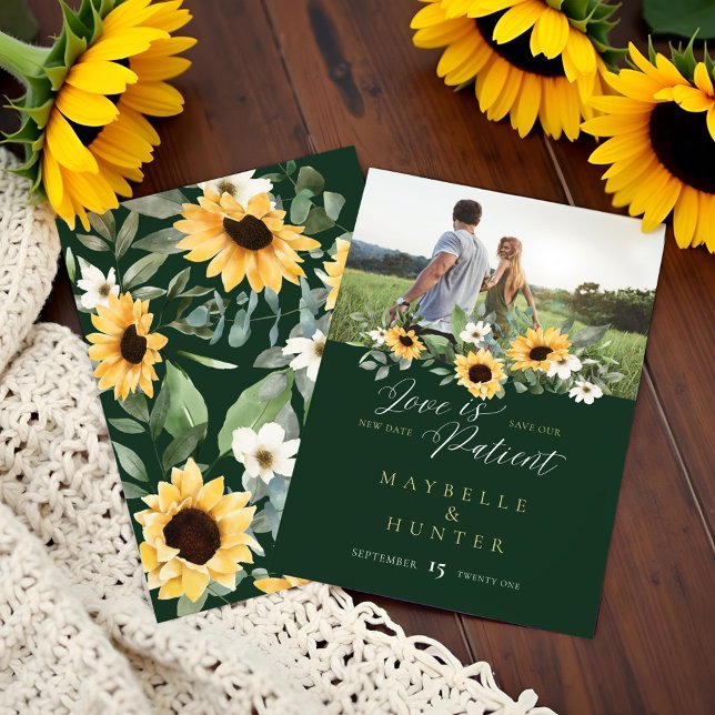Reserve A Data Amor é Patiente Amarelo Amarelo Girassol Foto (Love is Patient Yellow Watercolor Sunflowers Photo Save The Date)