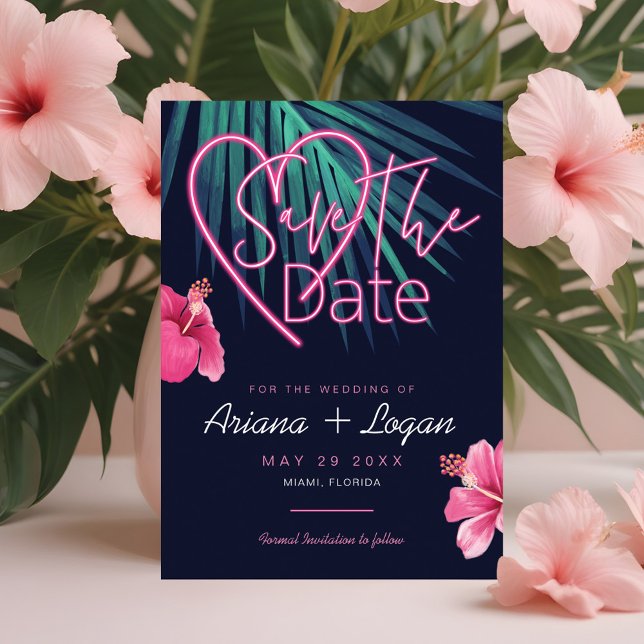 Reserve A Data Amor Elétrico Neon Rosa Floral e Tropical Retro (Electric Love Neon Pink Floral & Tropical Retro Save The Date)