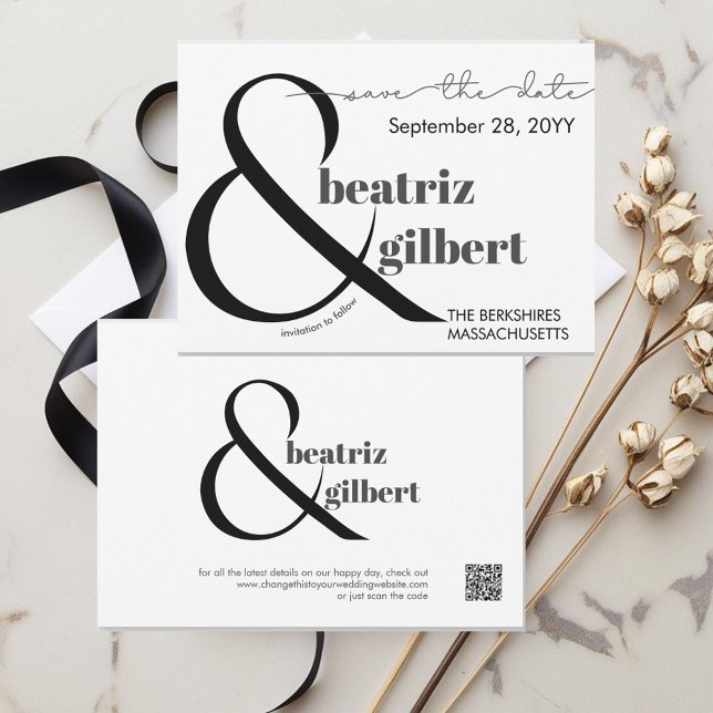 Reserve A Data Ampersor preto e branco legante Salvar a data (Modern clean ampersand wedding save the date in classic black and white)