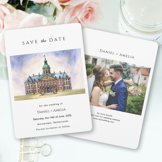 Reserve A Data Amsterdã Holanda Aquarela Destino (Amsterdam Netherlands Watercolor Destination Save The Date)
