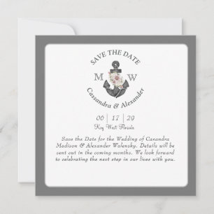 Reserve A Data Âncora Floral Casamento Náutico Cinza Prata Branco