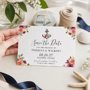 Reserve A Data Âncora Náutica marinho Azul Floral Guardar a Data