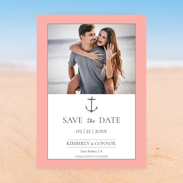 Reserve A Data Âncora Náutica Simples Salvar a Data | Coral (Coral Simple Nautical Anchor Photo Save the Date)