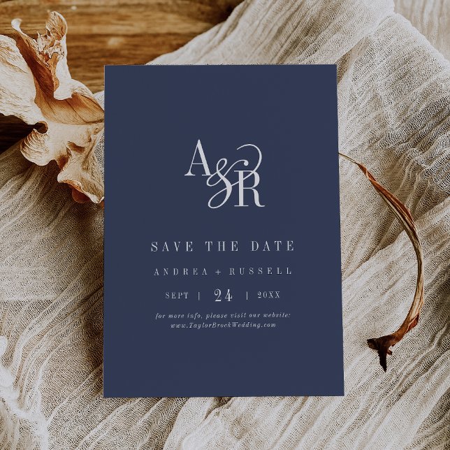 Reserve A Data ANDREA Monograma Simples Casamento Azul Marinho Mi (ANDREA Monogram Simple Navy Blue Minimal Wedding Save The Date)