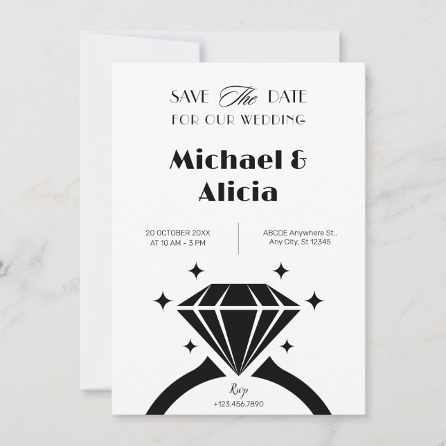 Reserve A Data Anel de casamento minimalista com diamante preto e (Frente)
