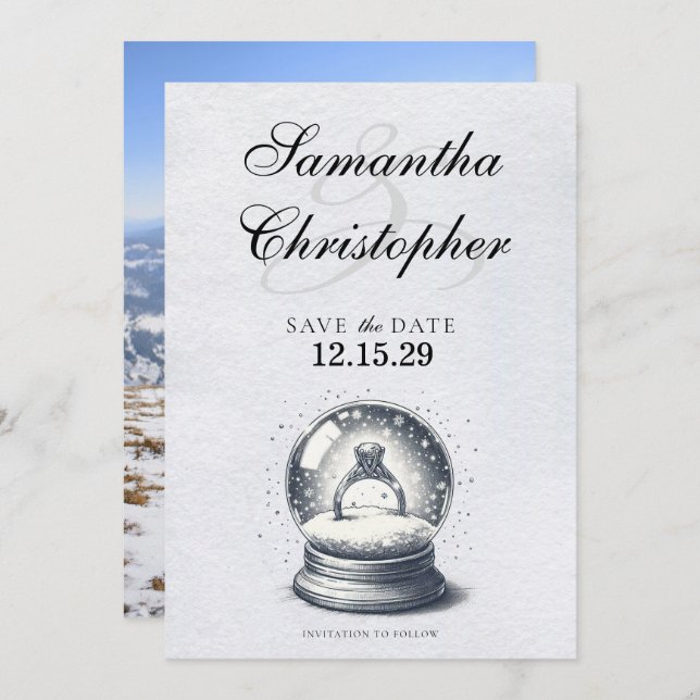 Reserve A Data Anel de Noivado do Globo de Neve Elegante (Frente/Verso)