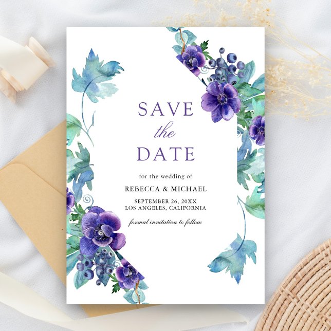 Reserve A Data Anêmonas de Aguarela Roxa Casamento (Criador carregado)