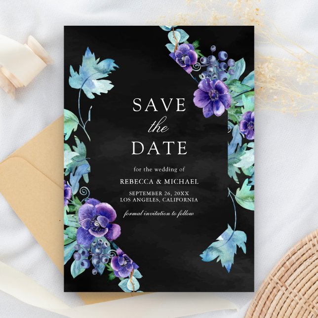 Reserve A Data Anêmonas de Aquarela Roxa Casamento Preto (Criador carregado)