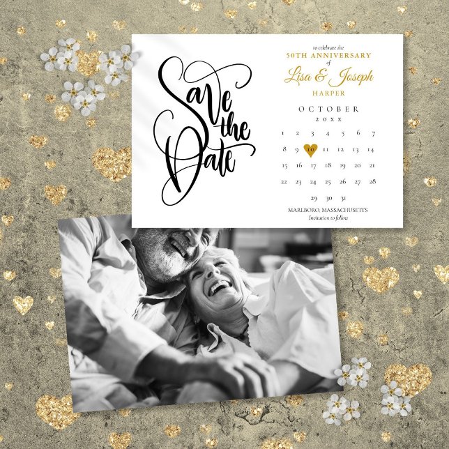 Reserve A Data Aniversário de 50 anos de Casamento Calendário Fot (50th Wedding Anniversary Gold Heart Calendar Photo Save The Date)