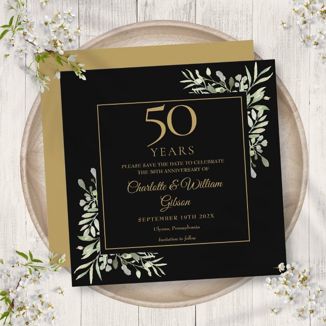 Reserve A Data Aniversário de 50 anos de Casamento Folhagem Preto (50th Wedding Anniversary Foliage Black Gold Square Save The Date)