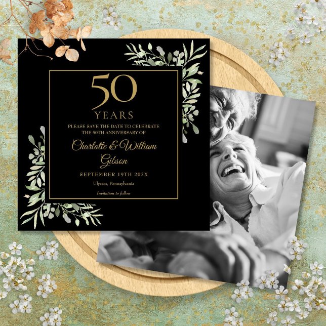 Reserve A Data Aniversário de 50 anos de Casamento Folhagem Preto (50th Wedding Anniversary Foliage Black Gold Photo Save The Date)