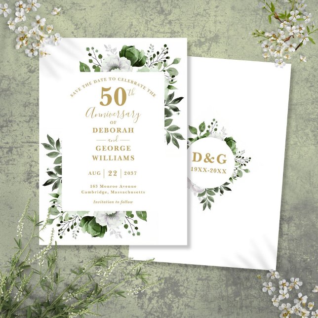 Reserve A Data Aniversário de 50 anos de casamento Greenery Salve (Greenery 50th Wedding Anniversary Save The Date)