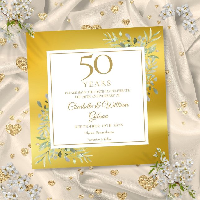 Reserve A Data Aniversário de 50 Anos de Casamento Verde Folha Do (50th Wedding Anniversary Greenery Gold Foil Square Save The Date)