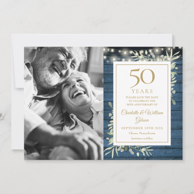 Reserve A Data Aniversário de 50 anos Luzes Rústicas Foto com Fol (Frente)