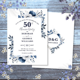 Reserve A Data Aniversário de Bodas de Ouro Floral Azul Salve a D