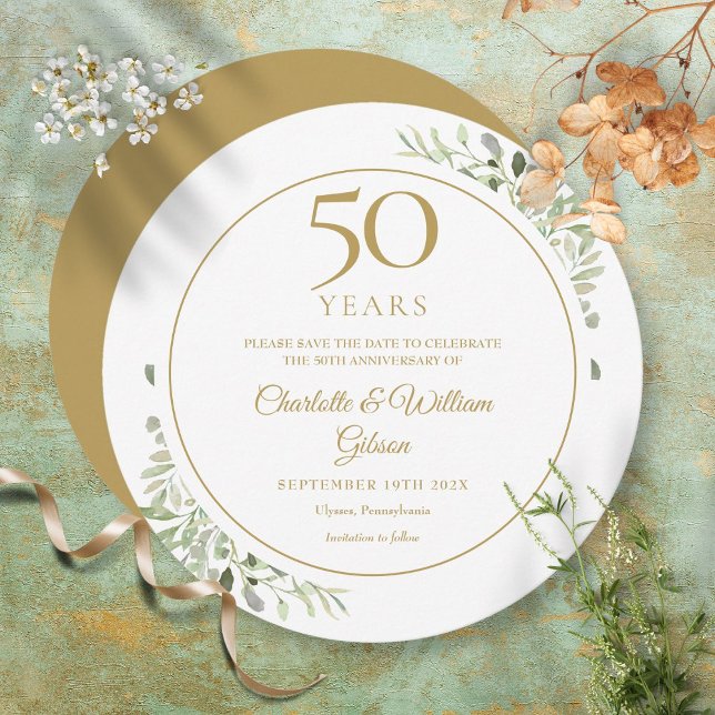 Reserve A Data Aniversário de Bodas de Ouro Greenery Circular (Criador carregado)
