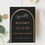 Reserve A Data Aniversário de ouro negro<br><div class="desc">A Save the Date card for a 70 (or any age) festa de aniversário (Salvar a placa de data para uma (ou qualquer idade). Um fundo preto, decorado com um arco de ouro falso. Personalize e adicione uma data e seu nome. O texto: Setenta e Salvar a Data é gravado...</div>