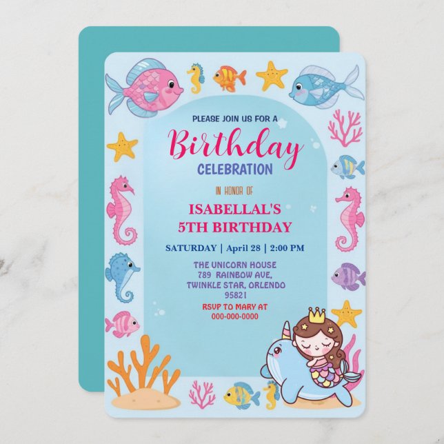 Reserve A Data aniversário de unicórnio do peixe narwhal da serei (Frente/Verso)