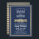Reserve A Data Aniversário do Partido Surpresa Marinho Azul, Bran<br><div class="desc">Você pode guardar um segredo? Convide familiares e amigos para uma elegante e excitante celebração de aniversário surpresa com marinho azul, branco e folha de ouro personalizada para salvar os convites de festas de data. Toda a redação desta modelo é simples de personalizar, incluindo a mensagem que diz "Shhh! É...</div>
