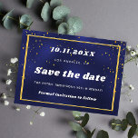 Reserve A Data Aniversário marinho ouro azul salvo data<br><div class="desc">A Save the Date for a 50th (or any age) festa de aniversário. Um fundo azul marinho colorido. Decorado com um quadro de ouro e confete. Para ele e para ela.</div>