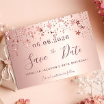 Reserve A Data Aniversário, rosa ouro, estrelas-sem-vergonha salv<br><div class="desc">Uma cinta e moda Salve a placa Date para uma festa de aniversário 40th (ou qualquer idade). Um fundo cor-de-rosa pincelado,  rosa dourado,  decorado com estrelas. Personalize e adicione uma data e nome/idade. O texto: Salvar a Data é gravado com um script de estilo com letra de tendência grande.</div>