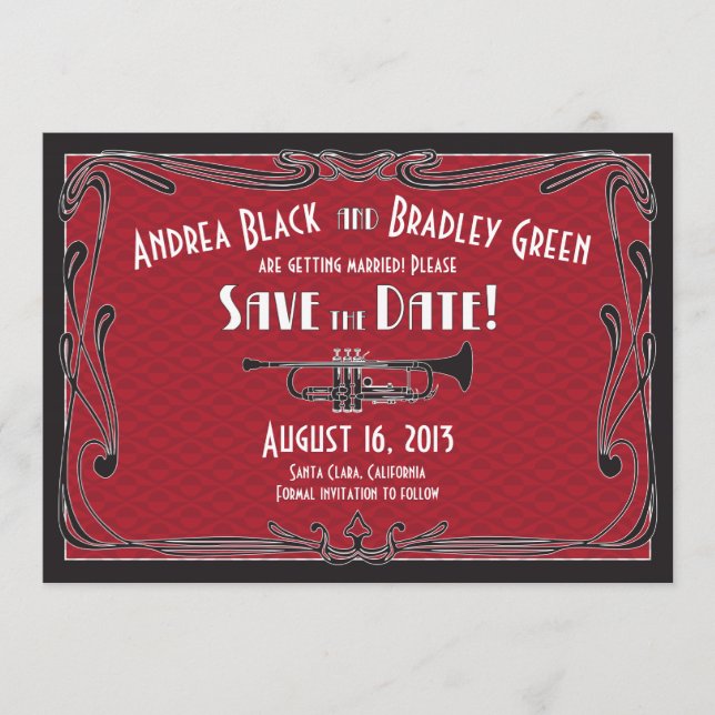 Reserve A Data Anos 20 Rugindo Trompete de Casamento Salve a Data (Frente)