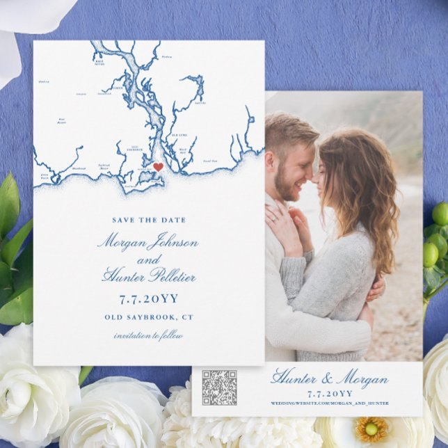 Reserve A Data Antigo Código QR de Casamento de Mapa CT Saybrook (Old Saybrook CT Wedding Map Save the date with QR code in elegant navy blue from Coastal Map Designs)