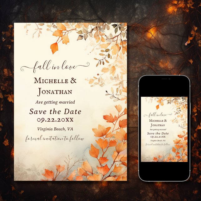 Reserve A Data Apaixonado Belo Casamento outono das Folhas de out (Printed and Digital - Fall in Love Beautiful Autumn Leaves Fall Wedding Save The Date)