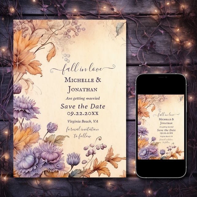 Reserve A Data Apaixonado Belo Casamento outono de outono (Printed and Digital - Fall in Love Beautiful Autumn Vintage Fall Wedding Save The Date)