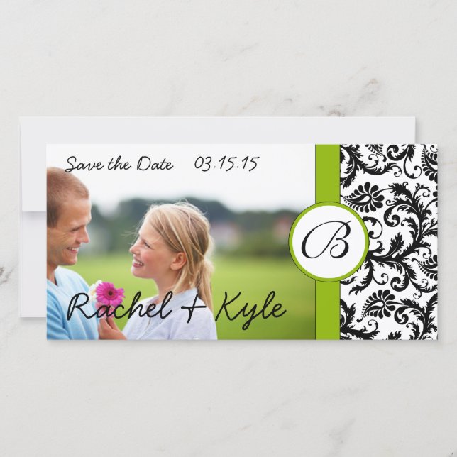 Reserve A Data Apple Green Black Damask Save the Date Your Photo (Frente)