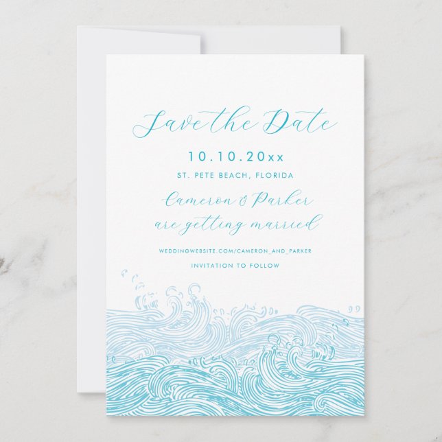 Reserve A Data Aqua Blue Ocean Waves Beach Casamento Salve A Data (Frente)