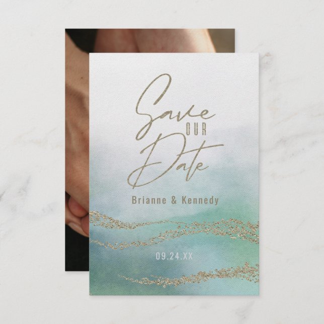 Reserve A Data Aqua Ocean & Dourado Aqua Aqua Elegante Guarda a D (Frente/Verso)