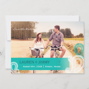Reserve A Data Aqua Paisley Simple Wedding Photo Save the Date