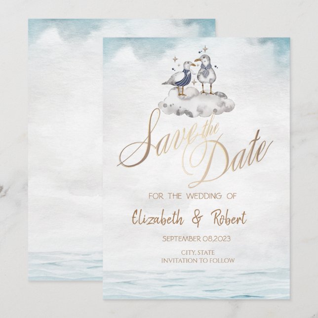 Reserve A Data Aquarela Aquarela Gaivotas Praia Salvar Data (Frente/Verso)