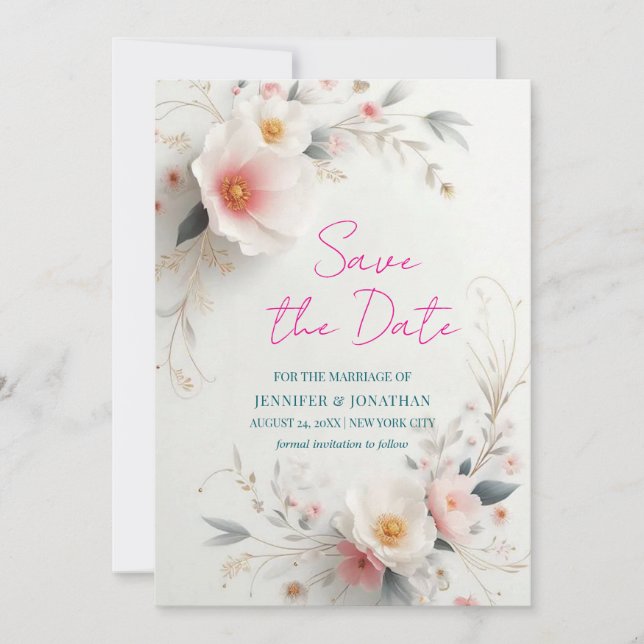 Reserve A Data Aquarela Aquarell Floral Script Salve A Data (Frente)