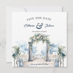 Reserve A Data Aquarela Casamento na Praia em Azul Desbotado e Ág