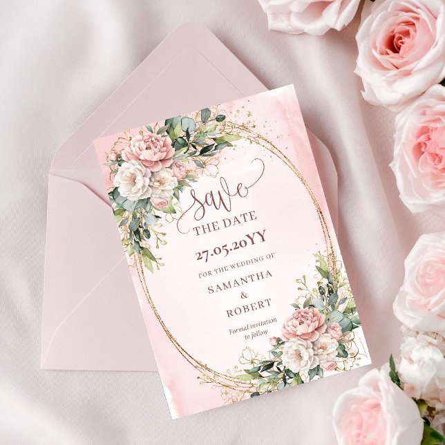 Reserve A Data Aquarela Chic - Flores Rosa Bege - Save The Date (Chic Watercolor Blush Pink Flowers Save The Date)