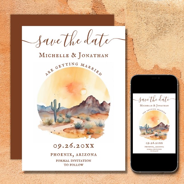 Reserve A Data Aquarela Deserto Sudoeste e Casamento de Cactus (Printed and Digital - Watercolor Southwestern Desert and Cactus Wedding Save The Date)