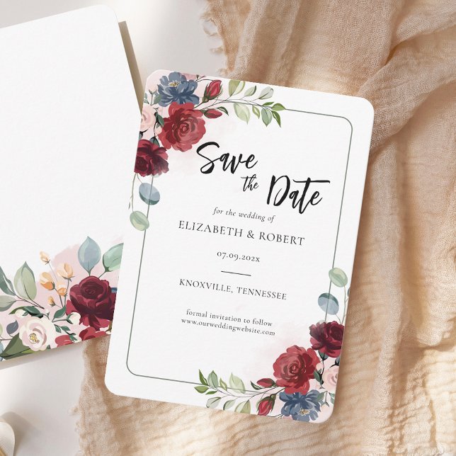 Reserve A Data Aquarela Floral Elegante Casamento Moderno (Watercolor Floral Burgundy Script Save the Date Announcement)