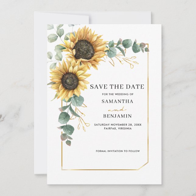 Reserve A Data Aquarela Floral Girassol Eucalipto Casamento (Frente)