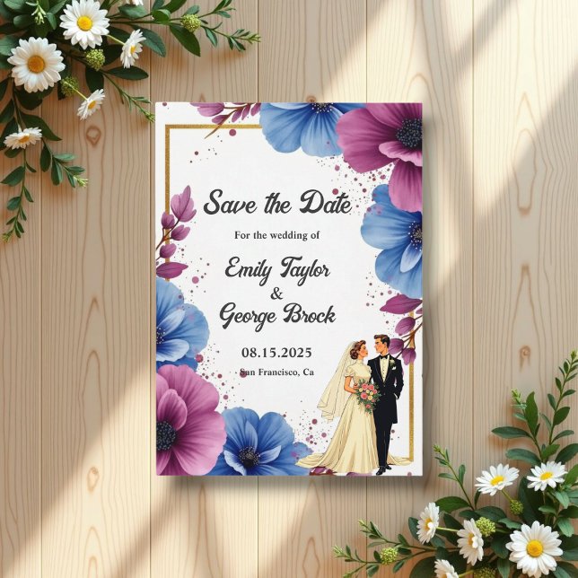 Reserve A Data Aquarela Flores Azuis Roxas Casamento Elegante (Criador carregado)