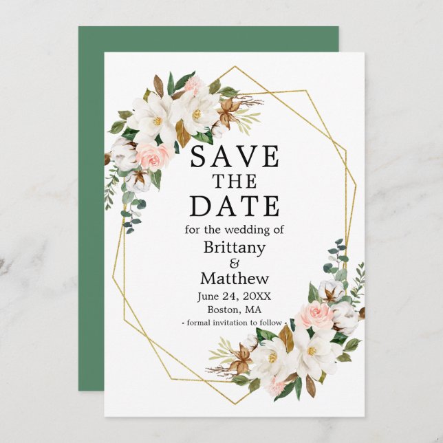 Reserve A Data Aquarela Magnolias Rosas Dourada Geo Frame Verde (Frente/Verso)