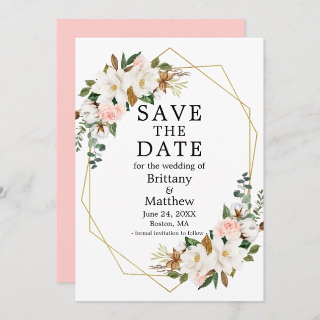 Reserve A Data Aquarela Magnolias Rosas Dourado Geo Frame Rosa (Frente/Verso)