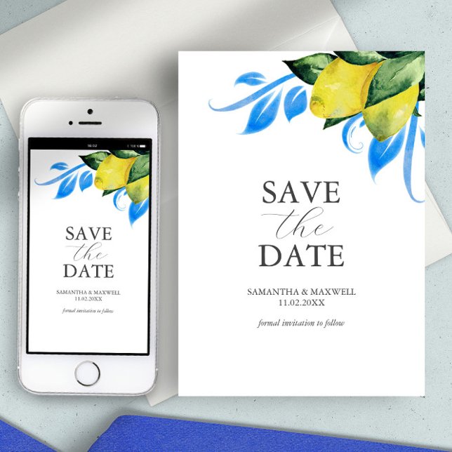 Reserve A Data Aquarela Moderna Limão Mediterrâneo (save the date invitation Italian wedding watercolor lemons blue and yellow tuscan theme Greek)