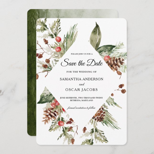 Reserve A Data Aquarela Palha Verde de Inverno e Pine Cone (Frente/Verso)