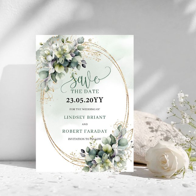 Reserve A Data Aquarela Verde Dourado Verde Salvia Salve a Data (Watercolor Green Gold Sage Green Save The Date)