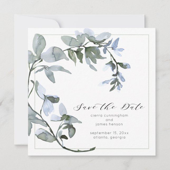 Reserve A Data Aquarela Verde Floral Azul Script  (Frente)